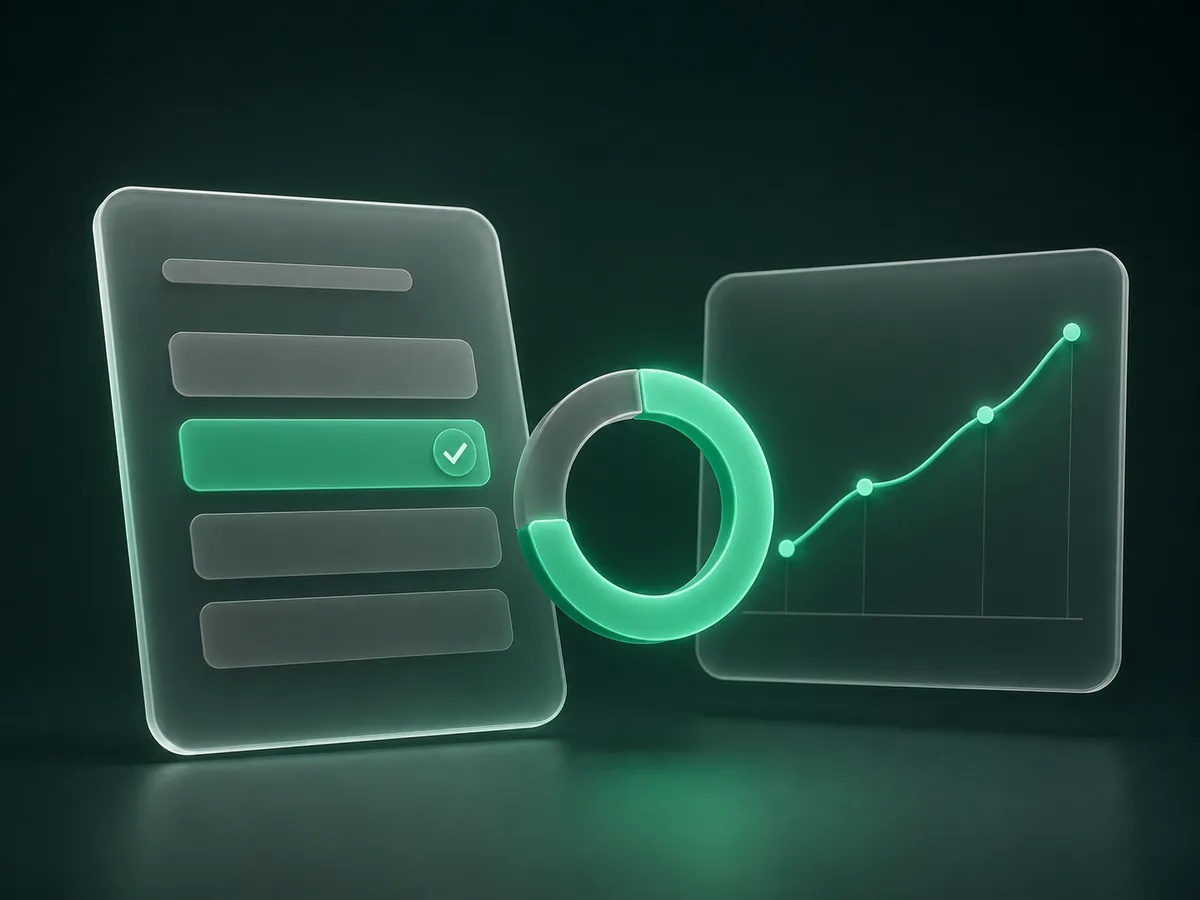 A quiz card beside a progress ring and a rising analytics graph